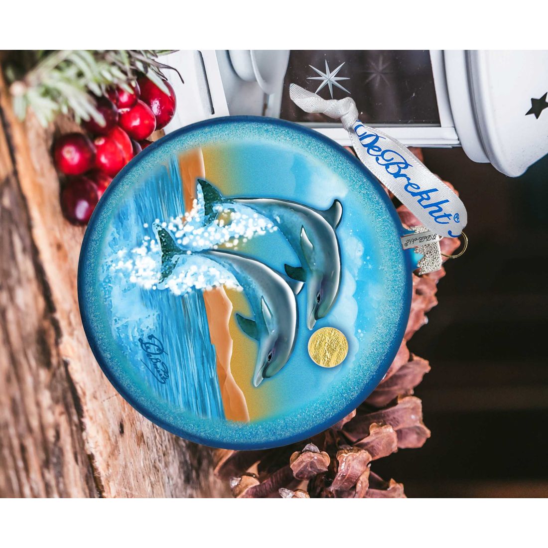 Dolphins Fly Glass Ornament by G. DeBrekht - Coastal Holiday Decor - 744-023