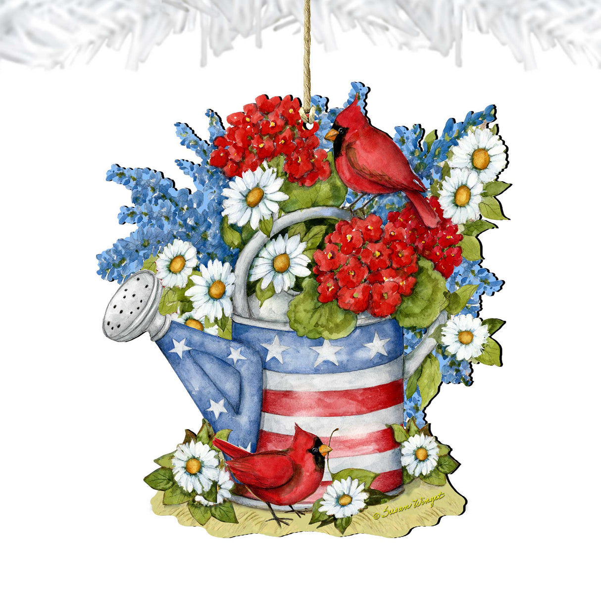 Regadera americana con decoración patriótica - Adorno para maceta - Regalo rústico hecho a mano - Adorno de madera de Susan Winget - 8471212-SW