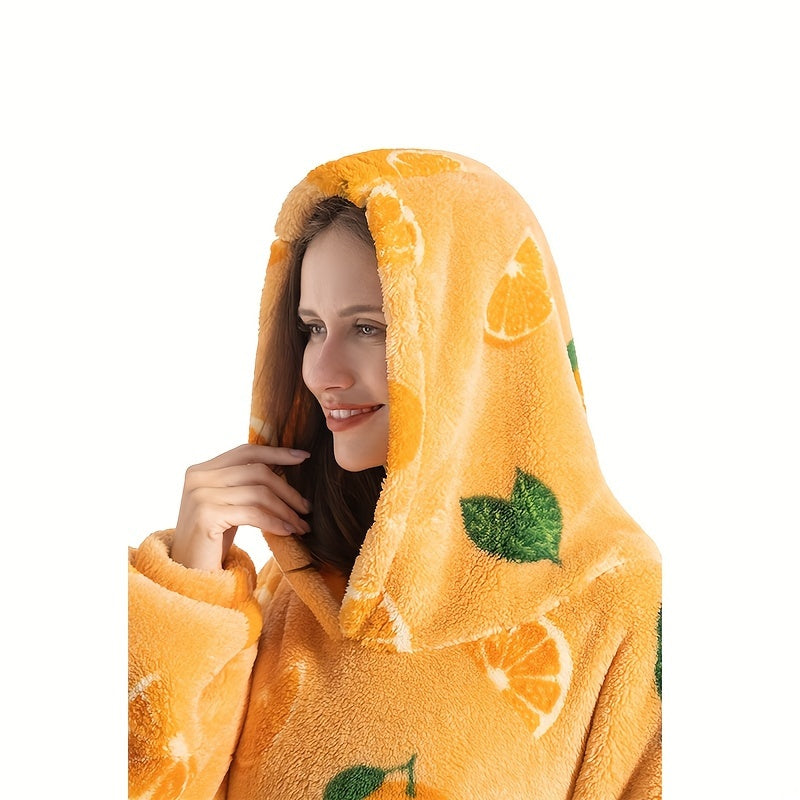 Plus Size Pumpkin Print Flannel Blanket Hoodie - Soft, Cozy, Plush, Hooded, Winter Outwear for Women with Halloween Theme