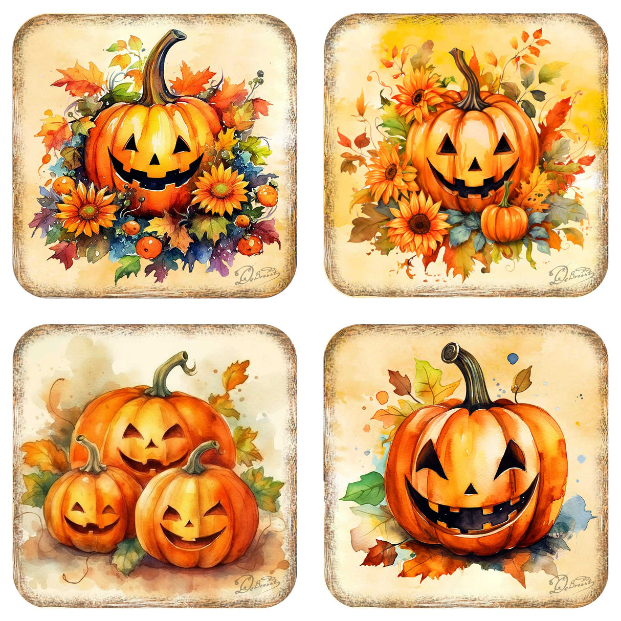 Halloween Pumpkin Wooden Cork Coasters Gift Set of 4 by G. Debrekht - Thanksgiving Decor - 8199448C-S4