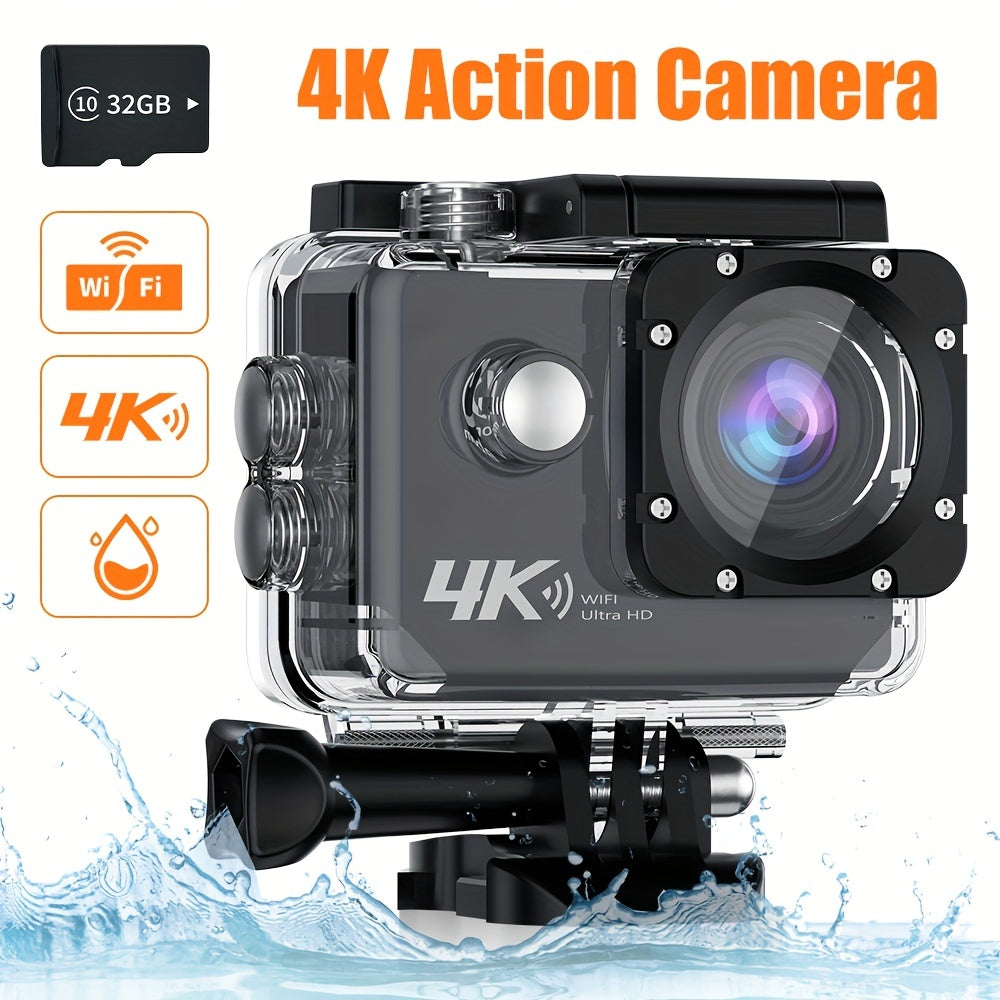 Ourlife 4K Ultra HD Action Camera with WiFi, 32GB Memory Card Included, Transparent Underwater Sports Camera, Digital Zoom, Automatic Focus, LCD Display, Rechargeable Battery, Ideal for Outdoor Adventures, Underwater Photogra
