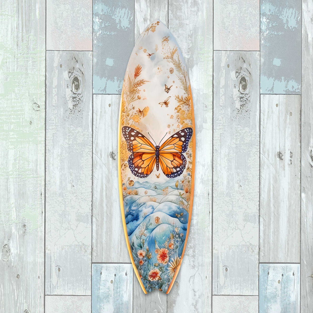 Orange Monarch Butterfly Surfboard Coastal Wall Art by G. DeBrekht - Coastal Holiday Decor - 8490110HS