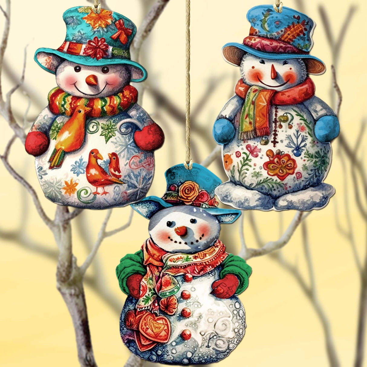 Snowman Decorative Wooden Ornaments Set of 3 by G. Debrekht - Christmas Decor - 8091023-S3