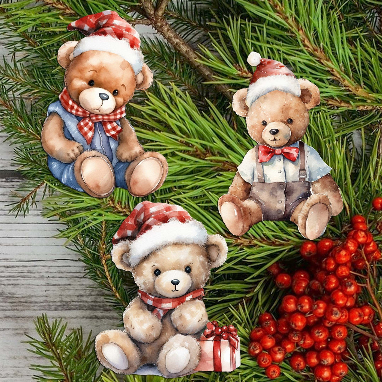 Christmas Teddy Bear Decorative Wooden Clip-on Ornaments Set of 3 by G. Debrekht - Christmas Decor - 8091011C-S3