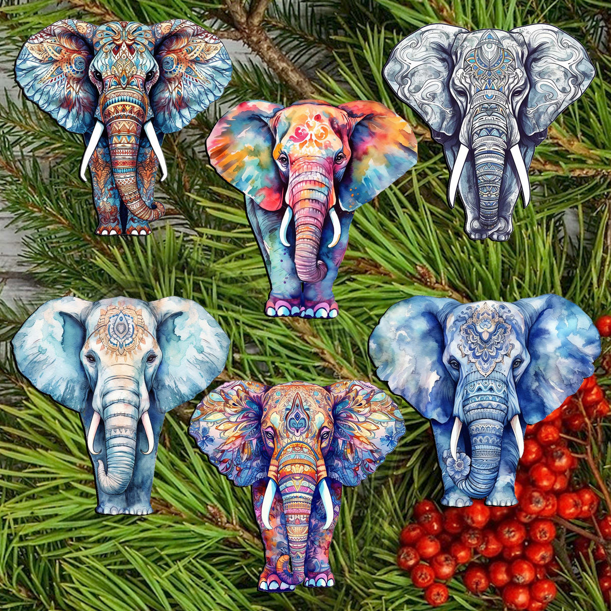Elephants Decorative Wooden Clip-on Ornaments Set of 6 by G. Debrekht - Christmas Decor - 8090036C-S6