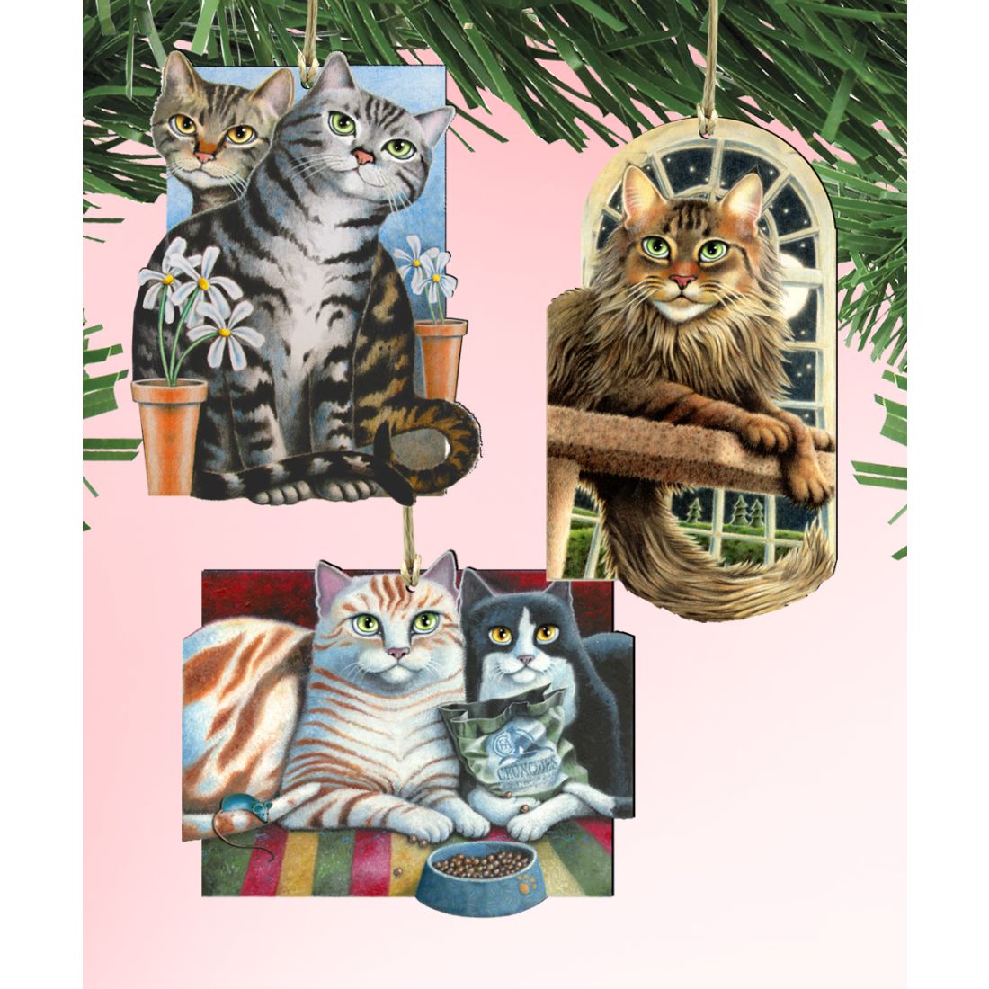 Juego de 3 adornos de madera con gatos mirando, de Laura Seeley - Decoración para perros y gatos - 8100098S3-LS