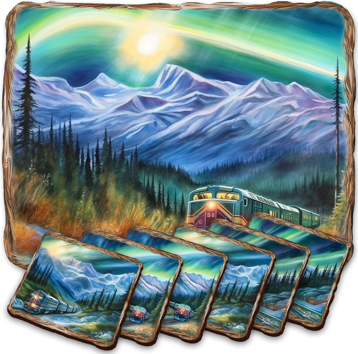 Northern Lights Wooden Cork Placemat and Coasters Gift Set of 7 by Nature Wonders Nature Wildlife Decor - 85411C-S7