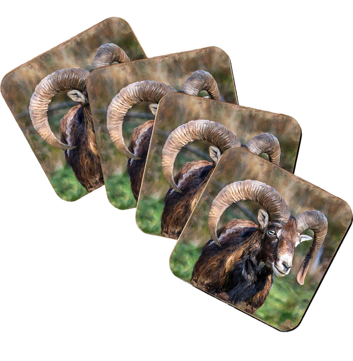 Mountain Goat Wooden Cork Coasters Gift Set of 4 by Nature Wonders - Nature Wildlife Decor - 95369C-S4