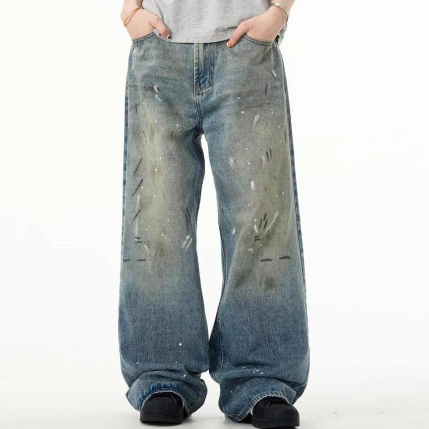 Splash-ink Jeans Men's Retro Washed Distressed Baggy Straight Trousers - Lootquake