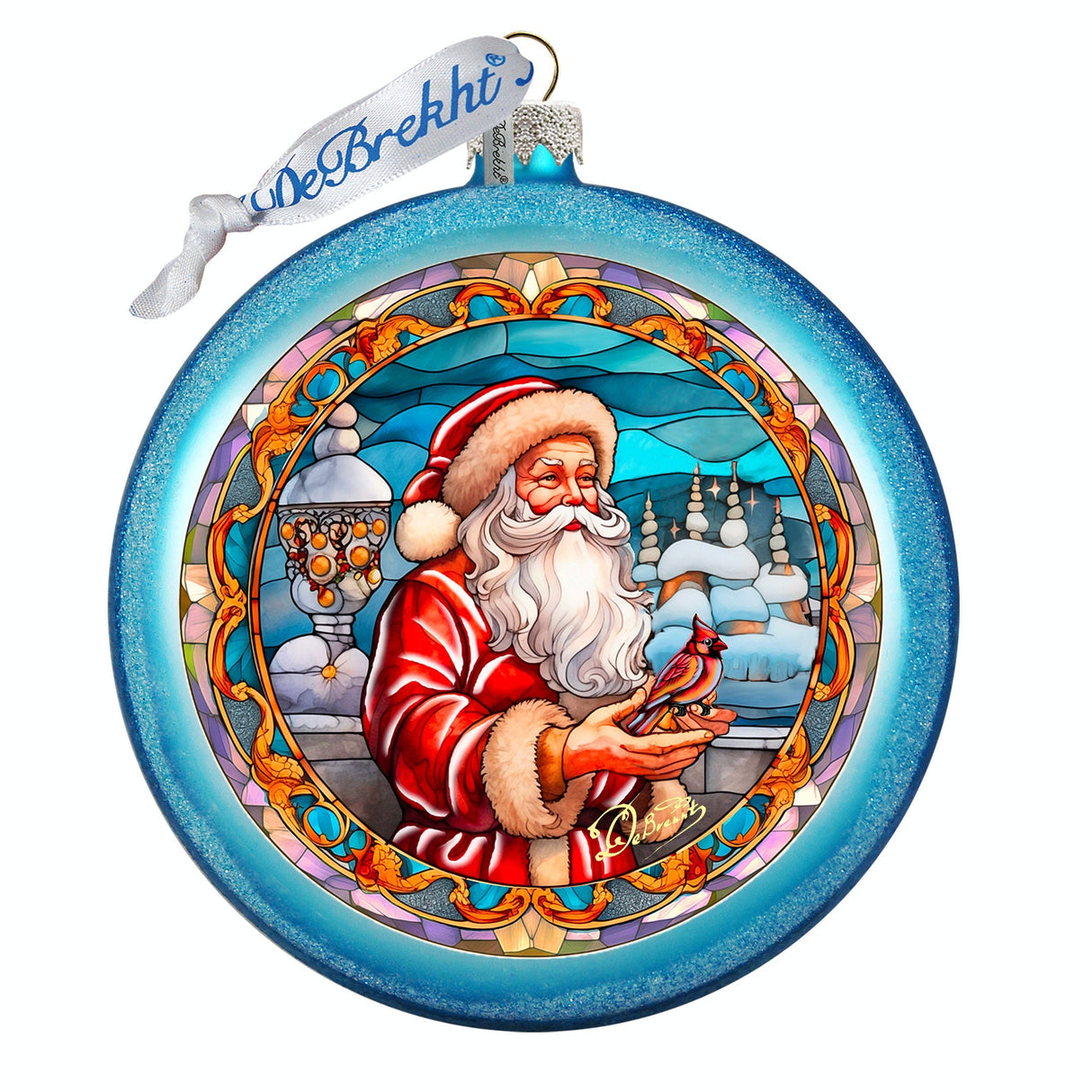 Adorno de vidrio "Amigo de Papá Noel con plumas rojas" de G. DeBrekht - Decoración navideña de muñeco de nieve de Papá Noel - 744-046