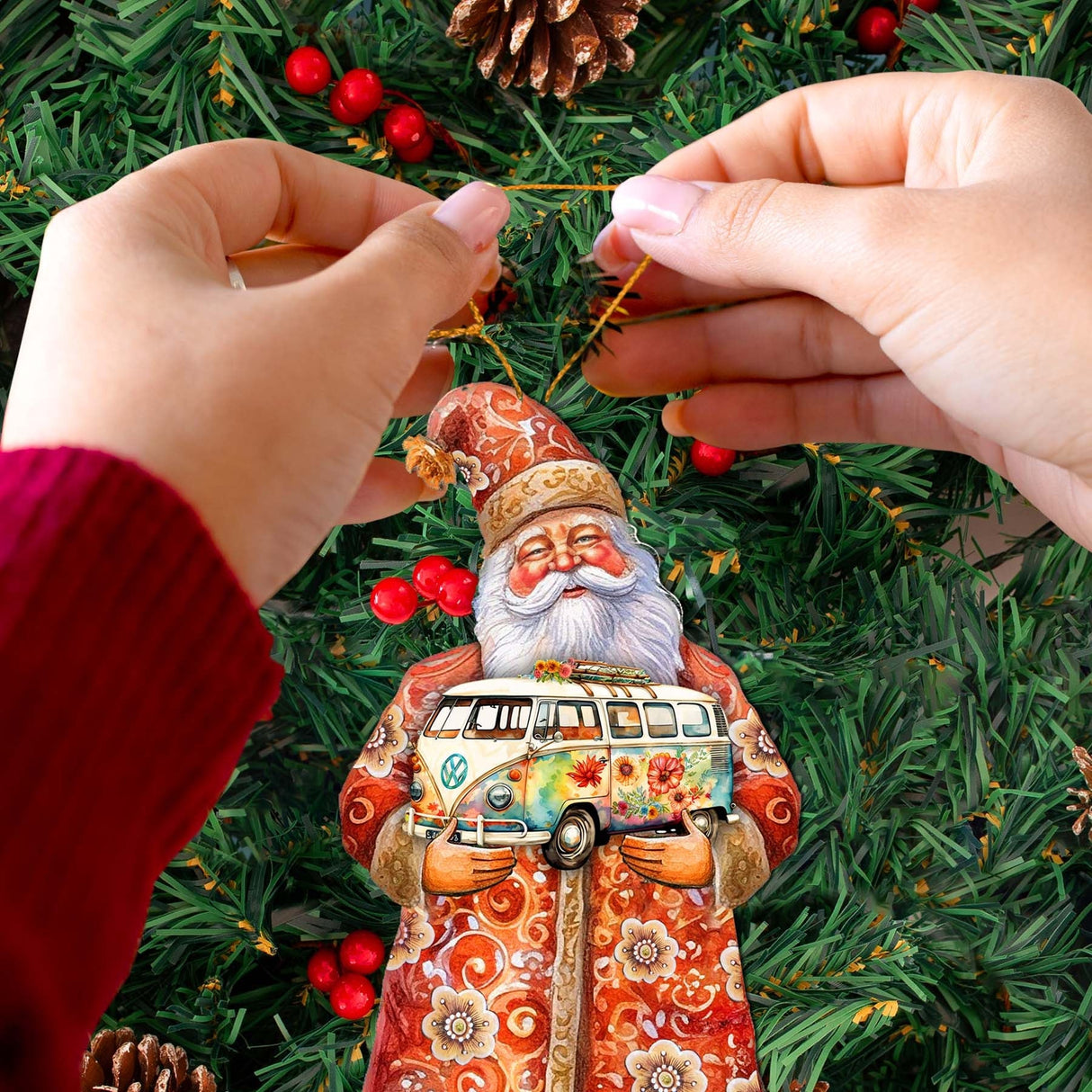 Adornos de madera de Papá Noel con furgoneta de G. Debrekht - Decoración navideña de Papá Noel y muñeco de nieve - 8691407