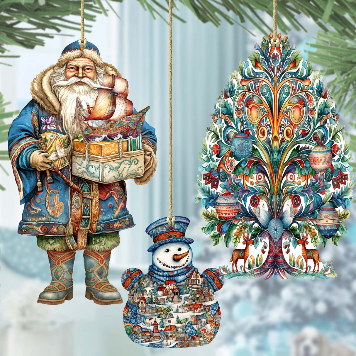 Santas Around the World - Nordic Inspired Santa - Wooden Ornaments Set of 3 by G. DeBrekht Christmas Santa Snowman Decor - 8091312S3