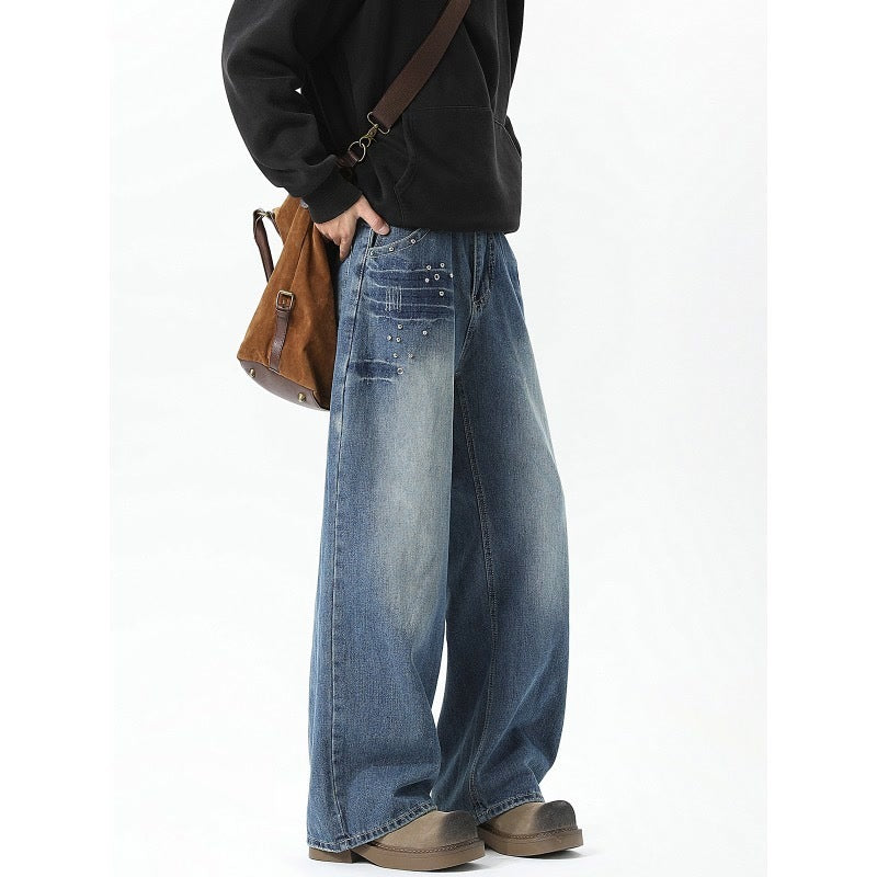 Men's Rivet Washed Jeans Loose - Lootquake