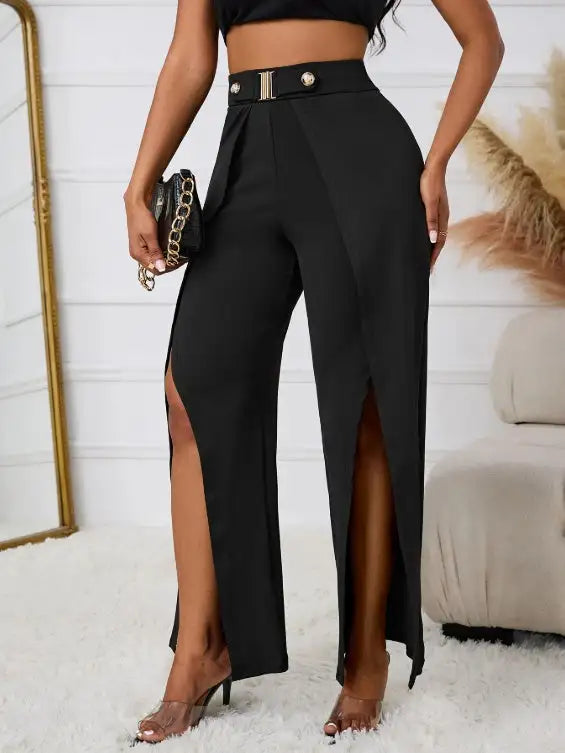 Ladies' Solid Color Belt, Loose Wide Leg Slit, Elegant Straight Leg Pants - Lootquake