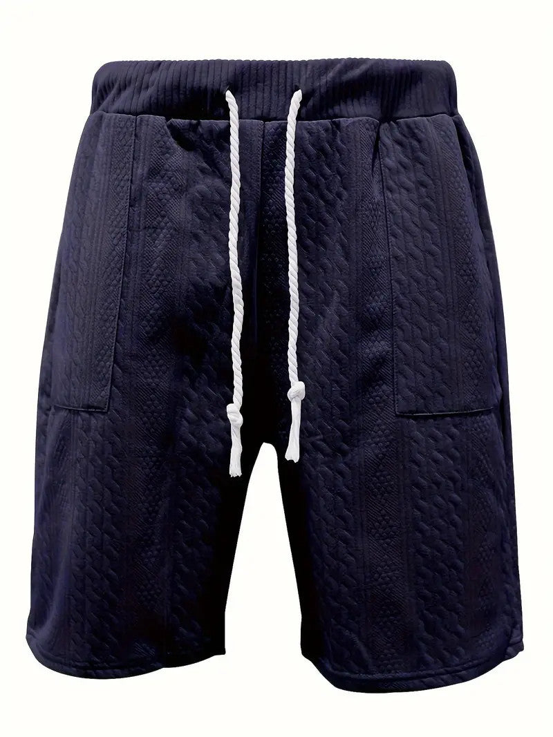 2pcs Men's Jacquard Solid Short Sleeve V Neck Shirt & Matching Drawstring Shorts Set, Summer Leisure Clothing - Lootquake