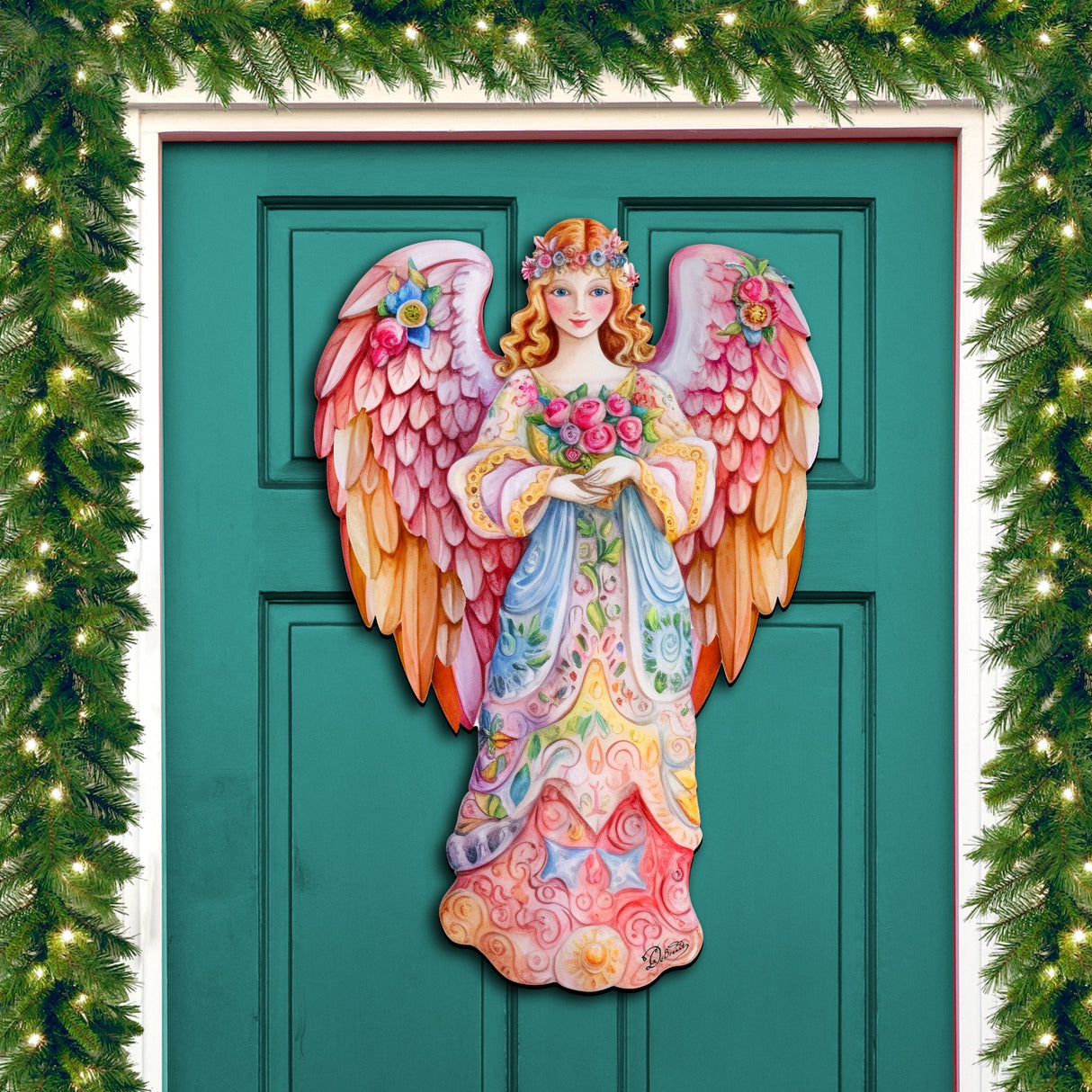 Ángel floral rosa para puerta, decoración navideña de G. Debrekht - 8611023H