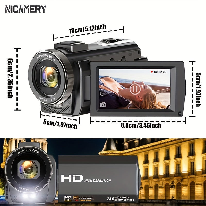 Nicamery 16x Efficient Zoom - 1080P HD Camera with Beauty Anti-Shake, External Microphone Support - Full HD 2400 Pixel Webcam Digital Camera with Remote Control, Lens Hood, 1000mah Batteries 2pcs, Ultra Long Life, 32G TF Card