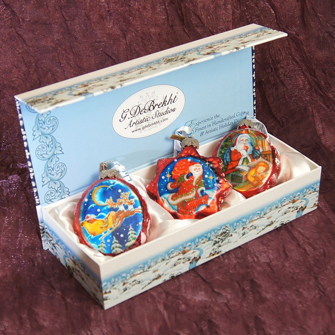 Juego de 3 adornos navideños de vidrio de mercurio de G. DeBrekht - Decoración navideña de Papá Noel y muñeco de nieve - 770103S3