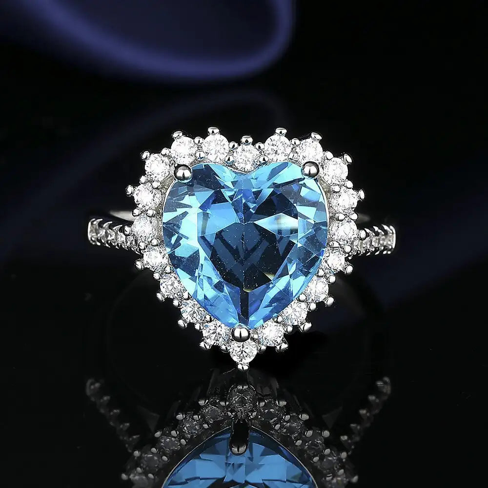 European And American Aquamarine Colored Gems Necklace Ear Stud Ring Women's - Lootquake