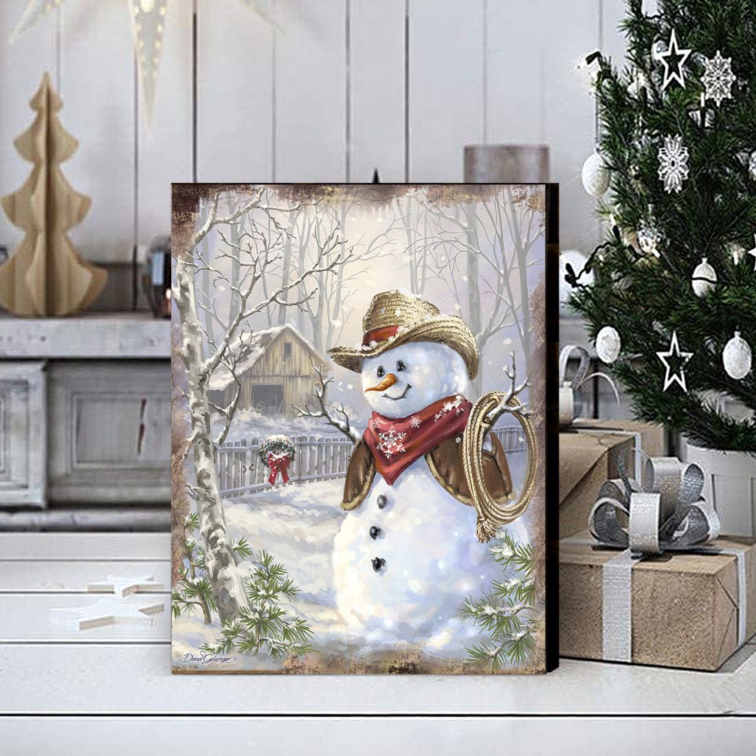 Cowboy Snowman Art Wooden Wall Art by D. Gelsinger - Christmas Santa Snowman Decor - 95604B-1541