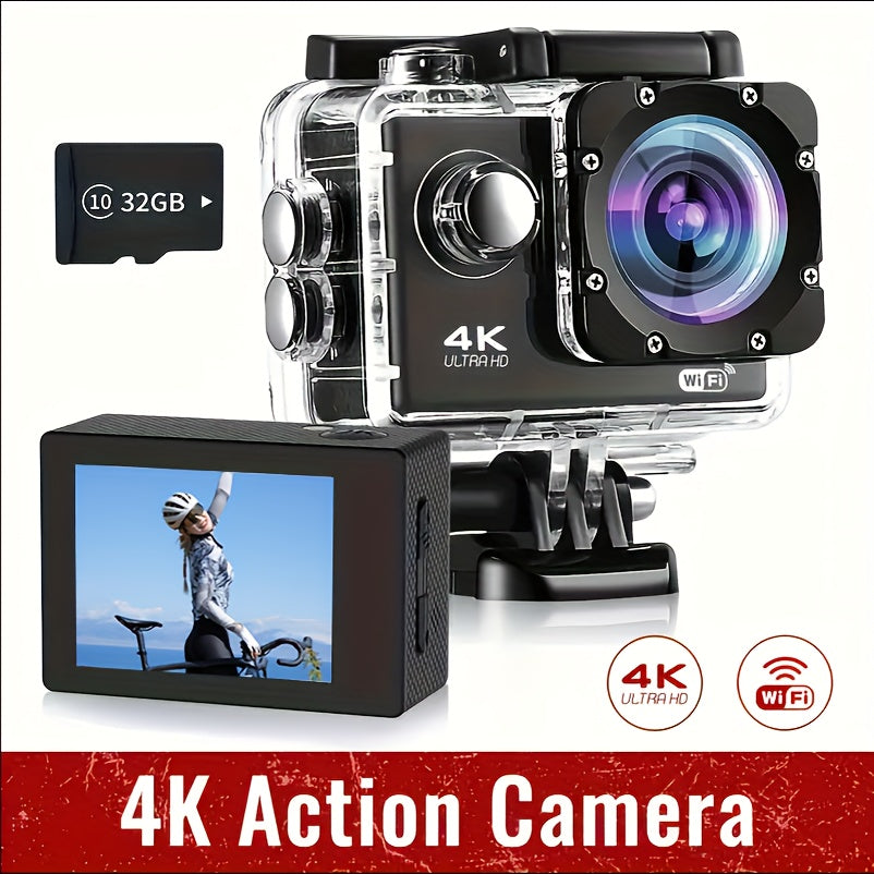 Cámara de acción 4K 30FPS de 12 MP - Cámara deportiva Full HD con conexión wifi - Cámara HD para ciclismo, buceo y exteriores con tarjeta de 32 GB