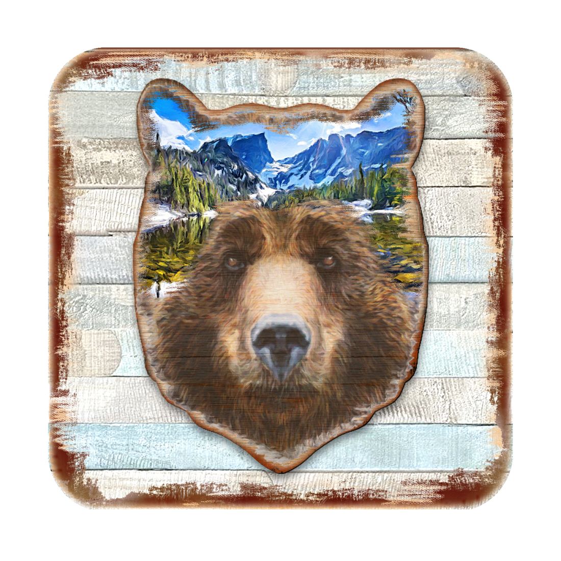 Bear Face Wooden Cork Coasters Gift Set of 4 by Nature Wonders - Nature Wildlife Decor - 8198214-4C-S4