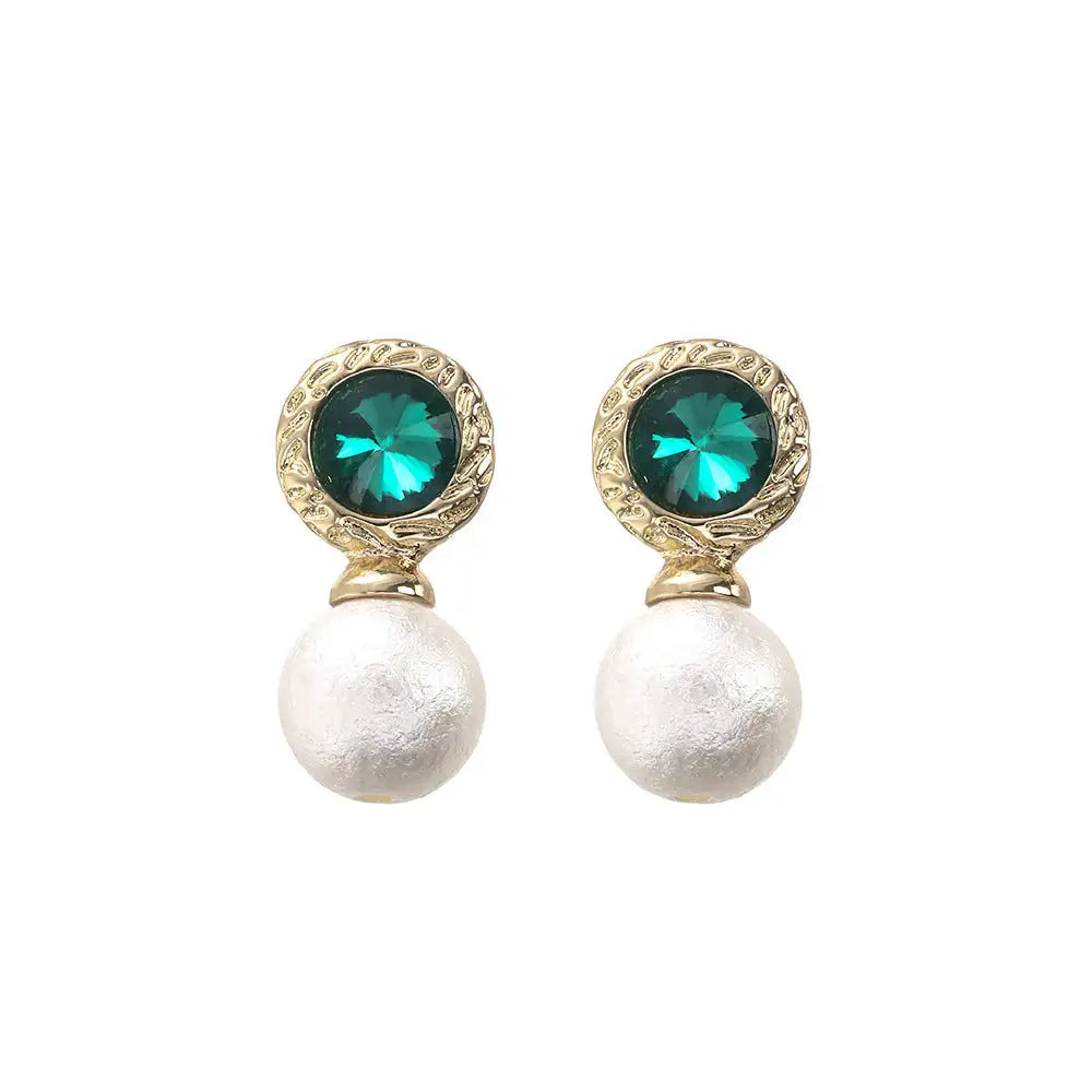 Emerald Rhinestone Pearl Stud Earrings For Women - Lootquake