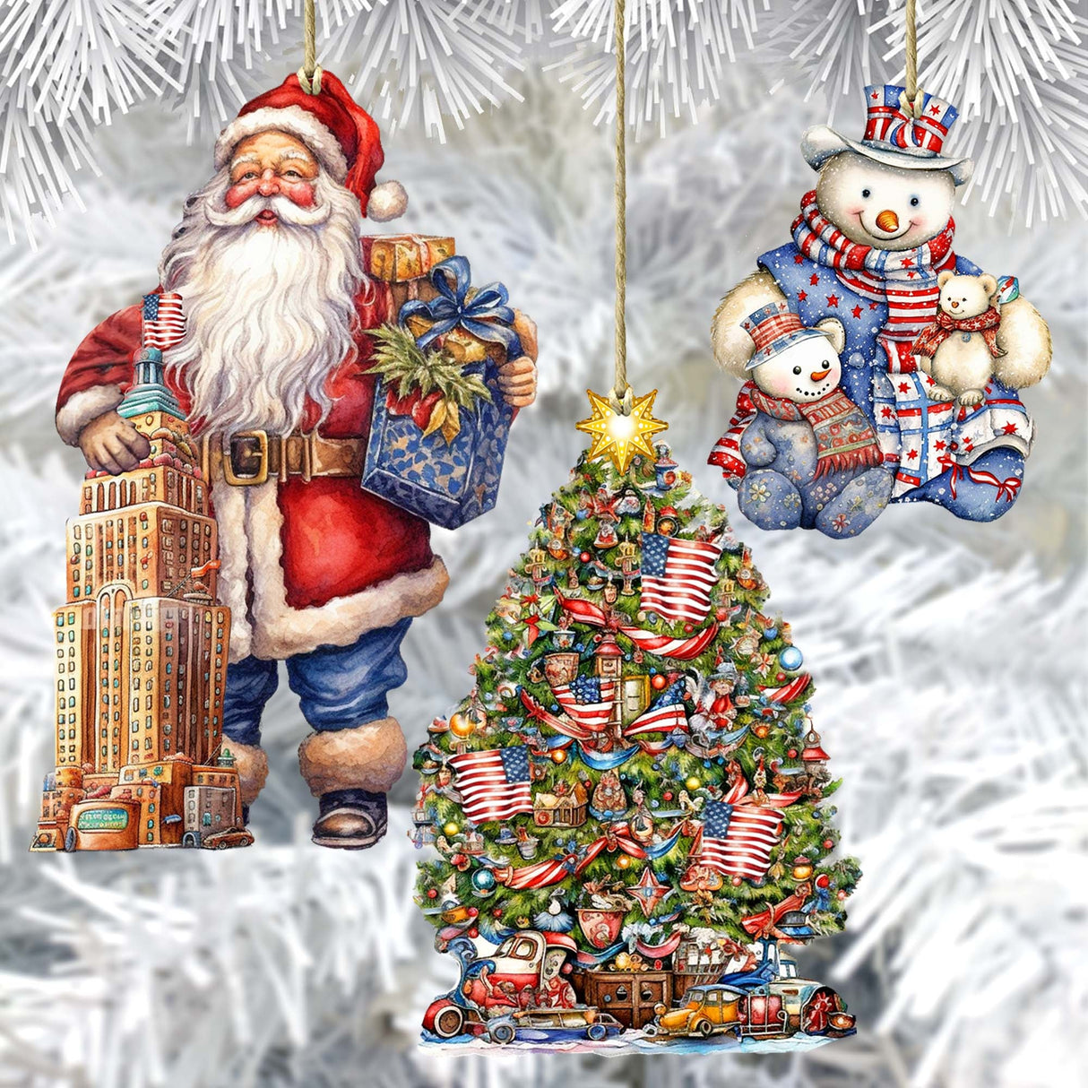 Santas Around the World - American Inspired Santa - Wooden Ornaments Set of 3 by G. DeBrekht Christmas Santa Snowman Decor - 8091301S3