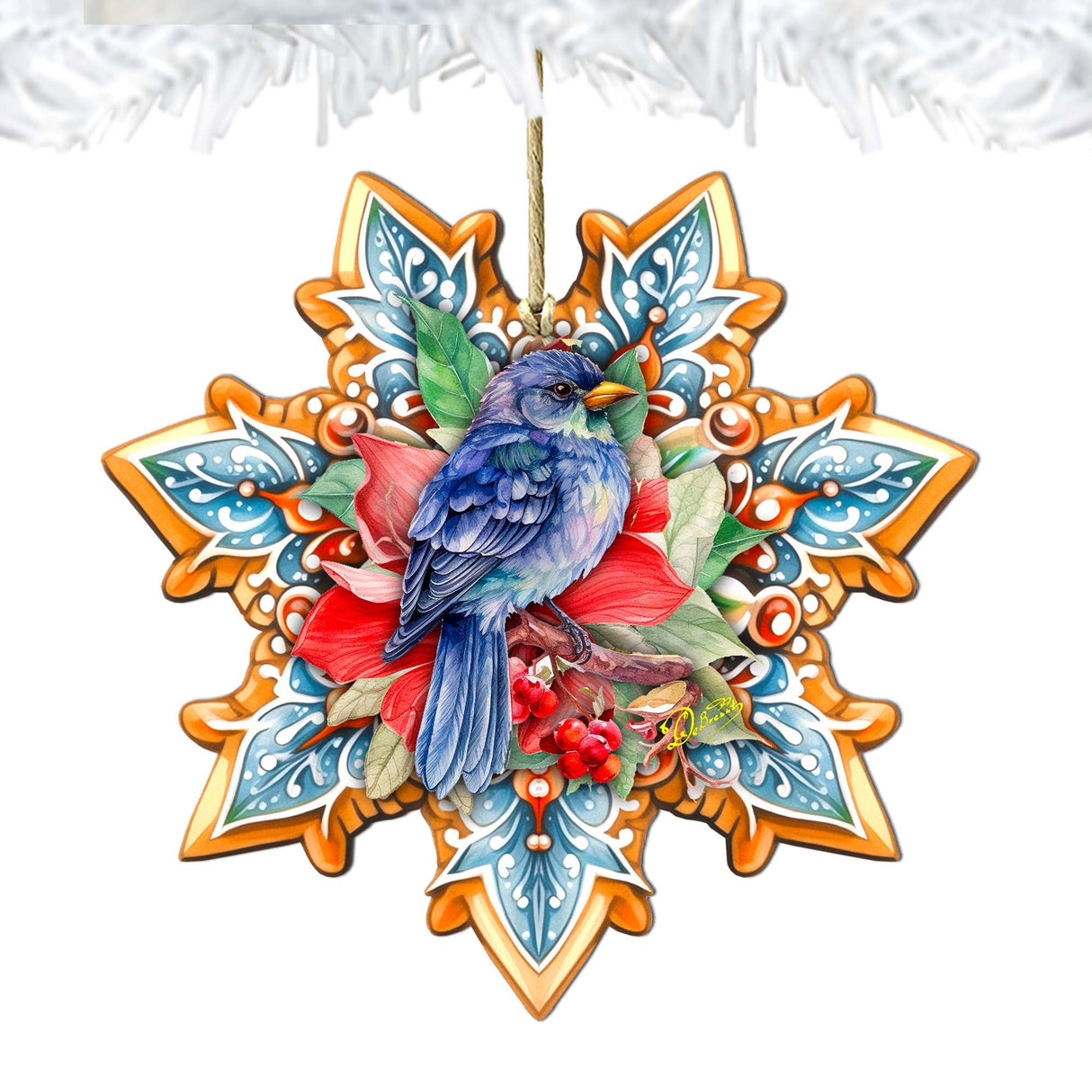 Blue Bird Snowflake Wooden Ornaments by G. Debrekht - Nature Wildlife Decor - 8688410