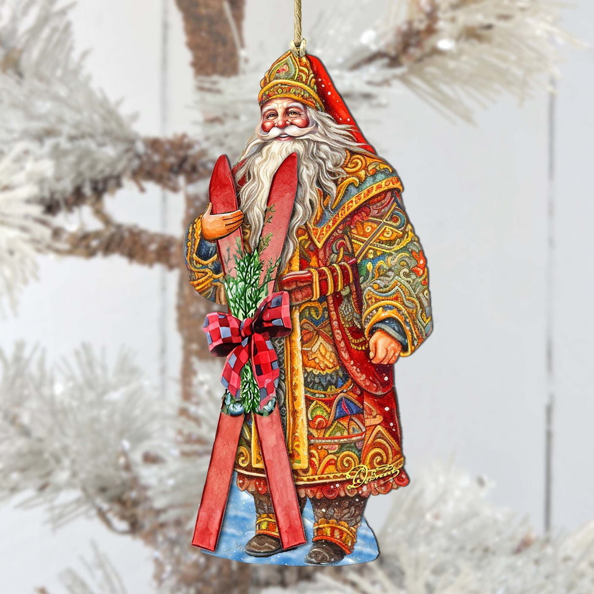Adornos de madera "Aventura de esquí de Papá Noel" de G. Debrekht - Decoración navideña de muñeco de nieve de Papá Noel - 8691403