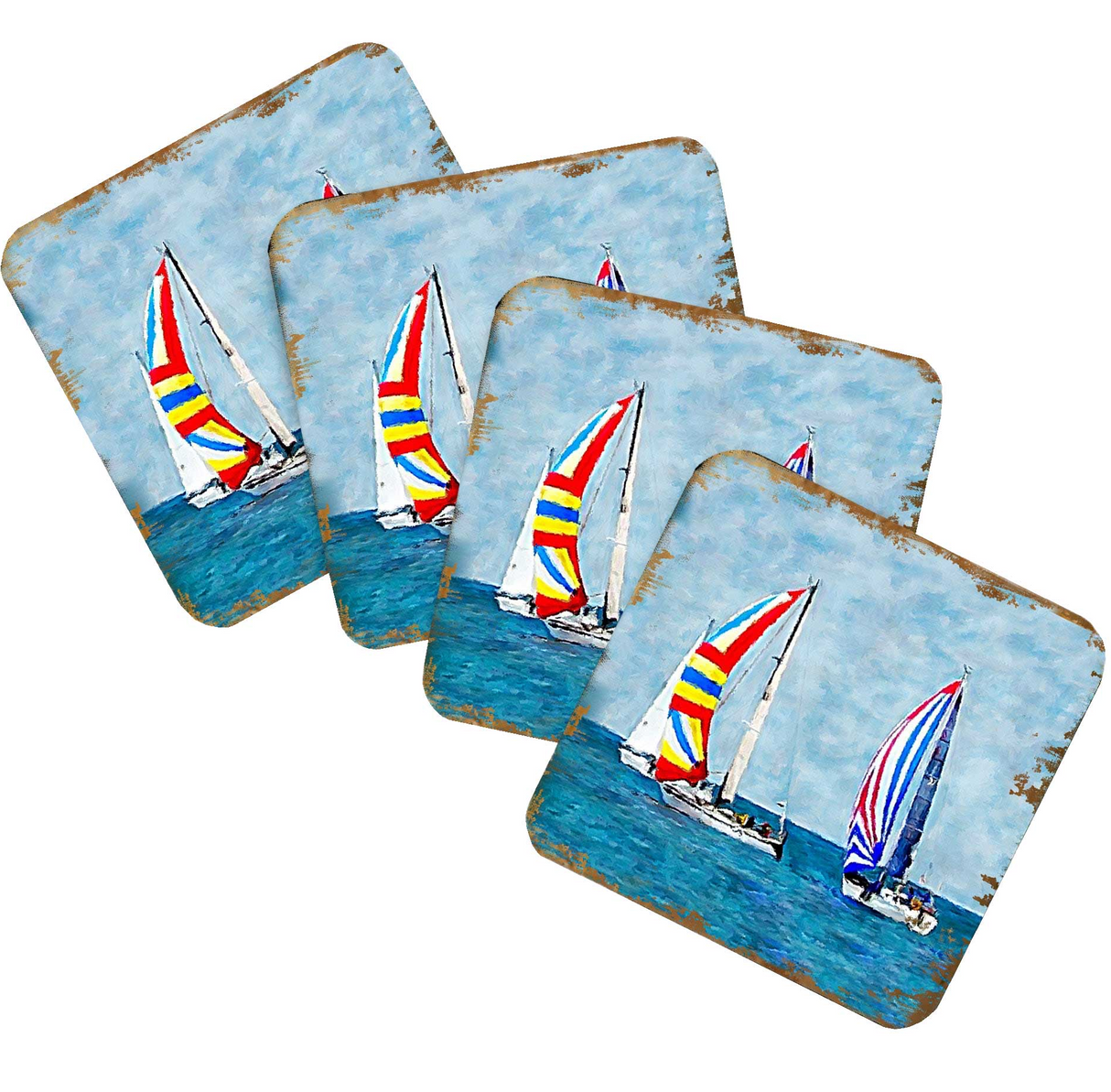 Sailboats Coastal Wooden Cork Coasters Gift Set of 4 by Nature Wonders - Coastal Sea-Life Decor - 95259C-S4