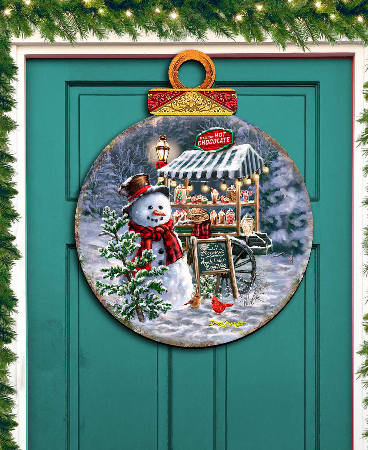 Puesto de chocolate caliente - Decoración navideña para puertas de D. Gelsinger - Decoración navideña de Papá Noel y muñeco de nieve - 8611087H-DG