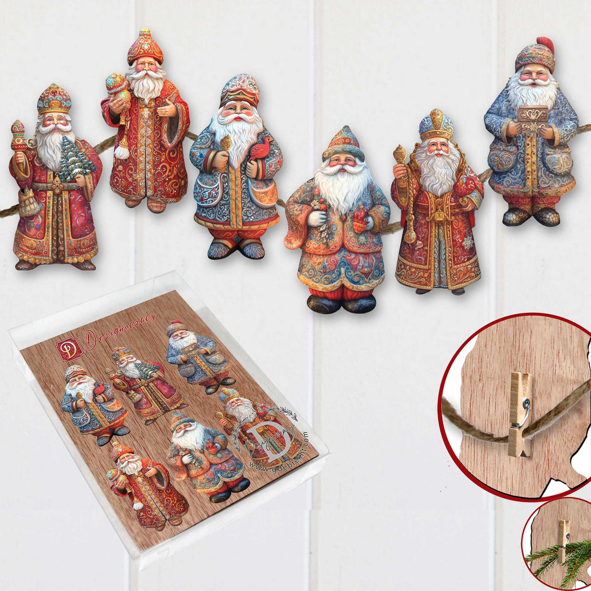 Santa Decorative Wooden Clip-on Ornaments Set of 6 by G. Debrekht - Christmas Decor - 8090032C-S6