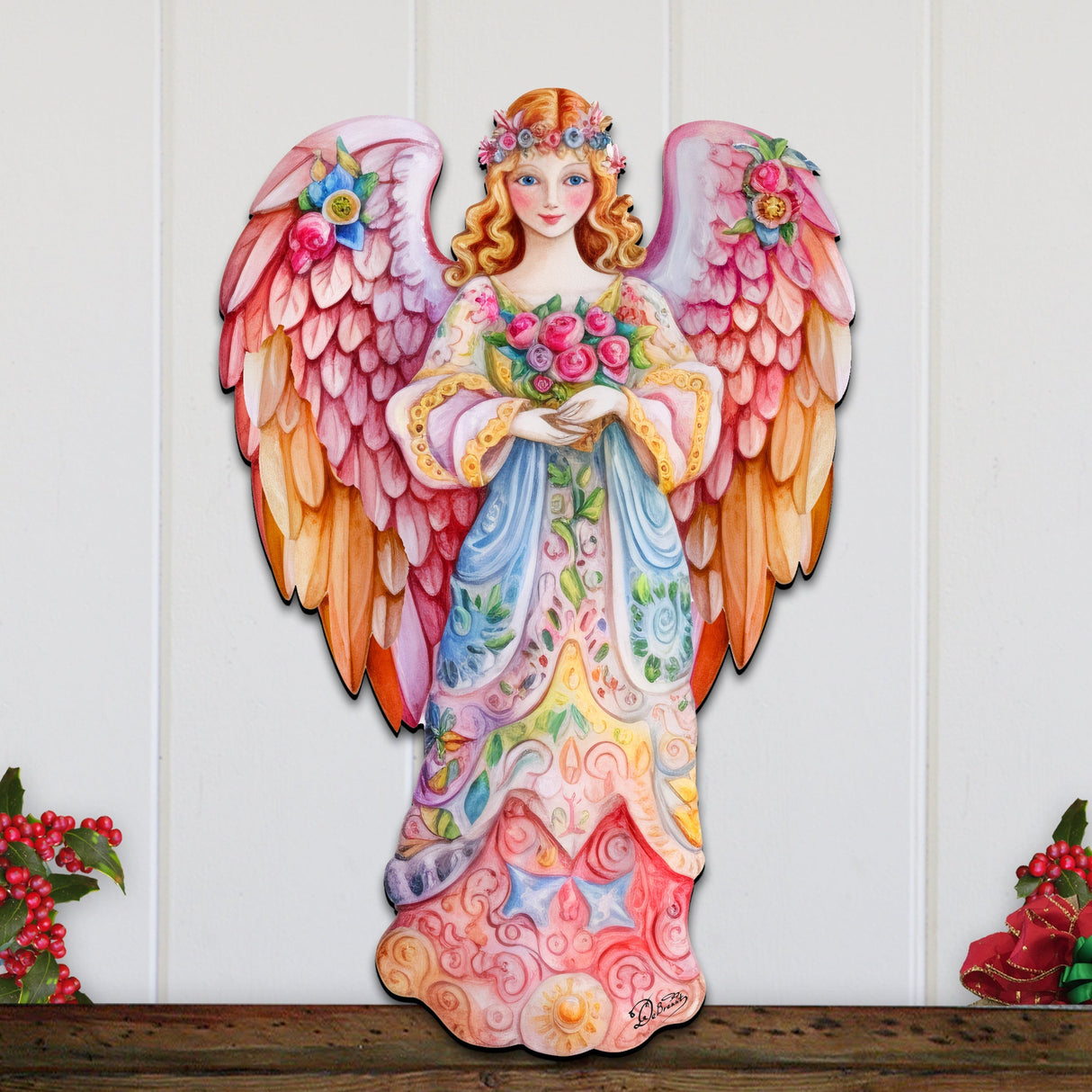 Ángel floral rosa para puerta, decoración navideña de G. Debrekht - 8611023H