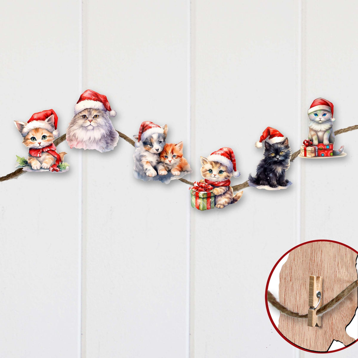 Christmas Cats Decorative Wooden Clip-on Ornaments of 6 by G. Debrekht - Christmas Decor - 8090016C-S6