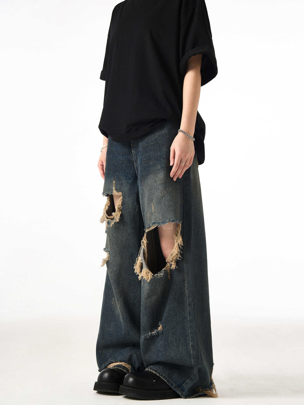 Couple Hole Worn Jeans Wide-leg Pants - Lootquake