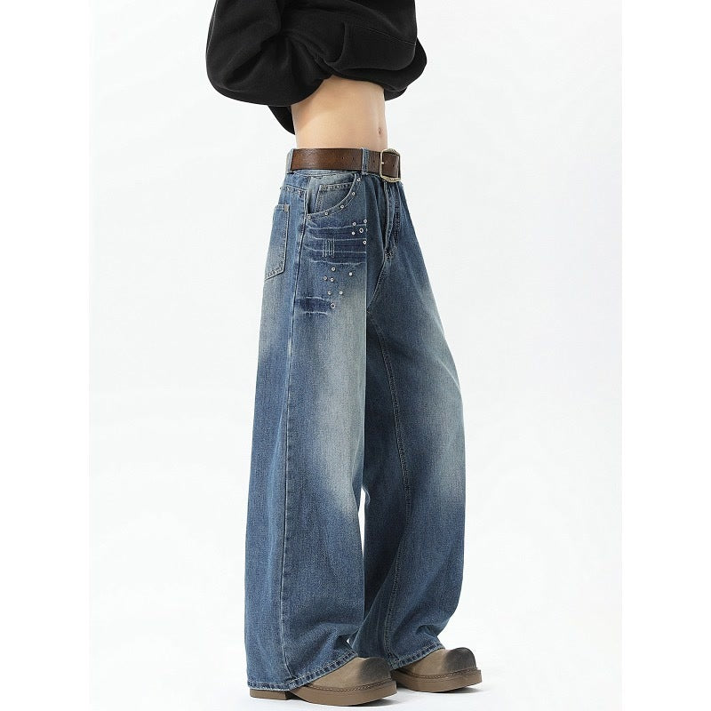 Men's Rivet Washed Jeans Loose - Lootquake