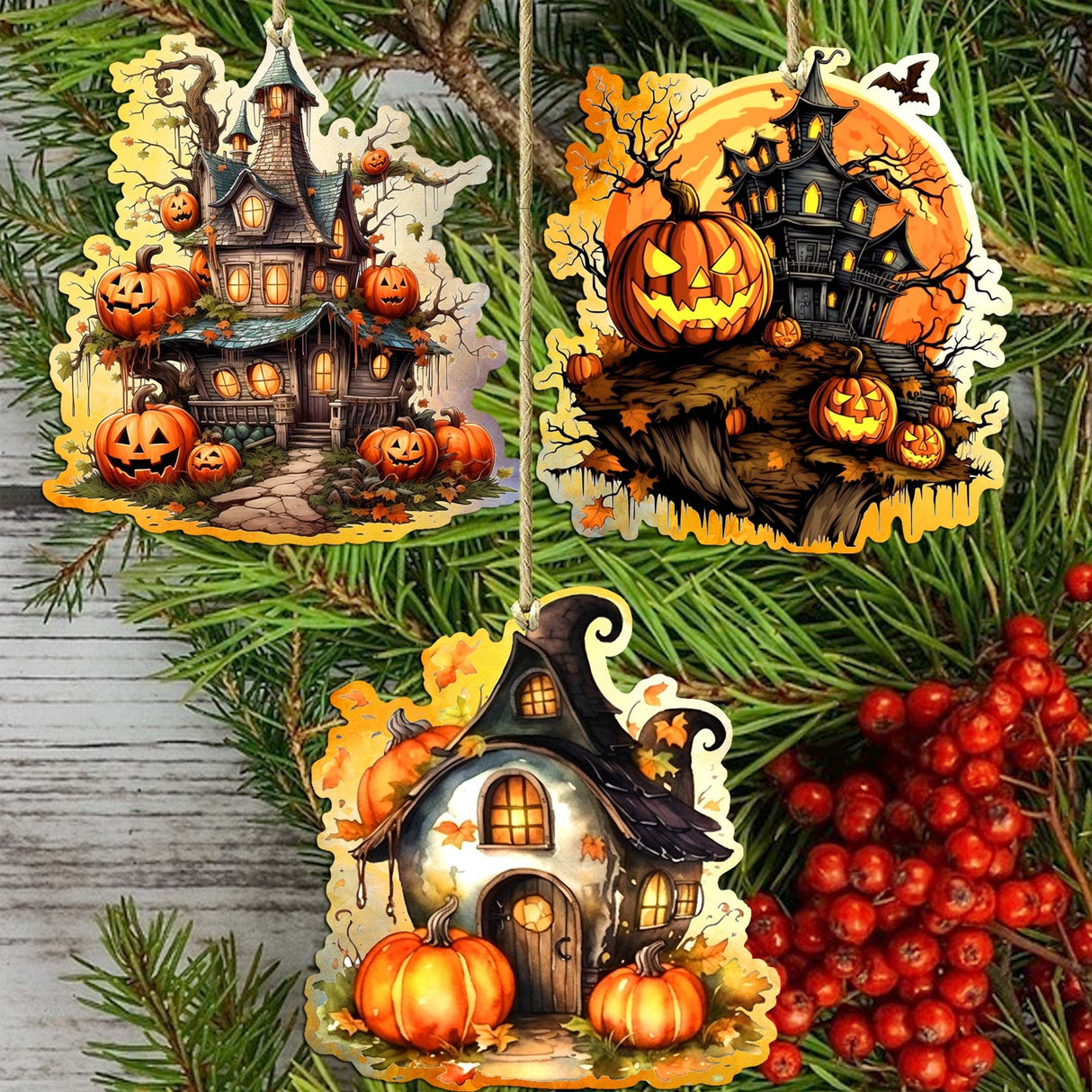 Spooky Houses Decorative Wooden Ornaments of 3 by G. Debrekht - Halloween Decor - 8091007-S3
