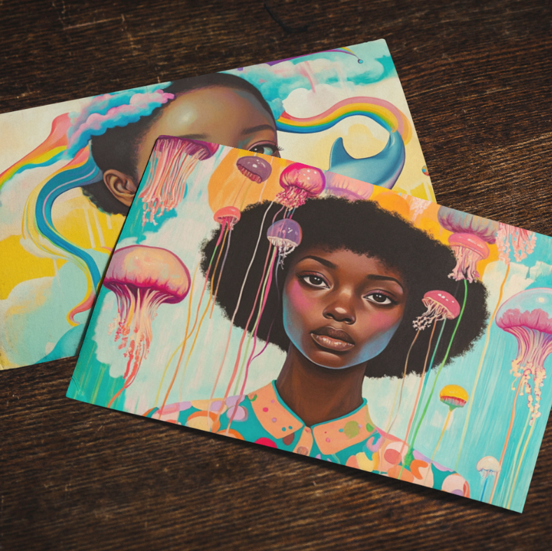 Underwater Whimsical Black Girl & Jellyfish Postcard for Friends & Penpals