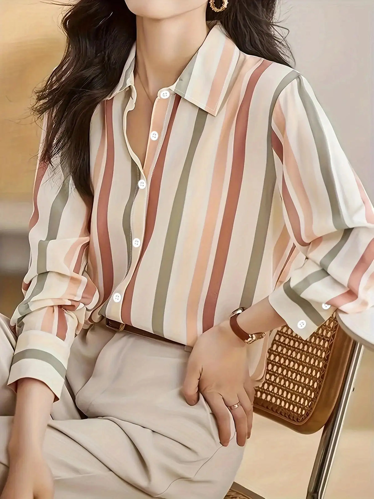 Ladies' Long-sleeved Striped Printed Versatile Casual Shirt - Lootquake