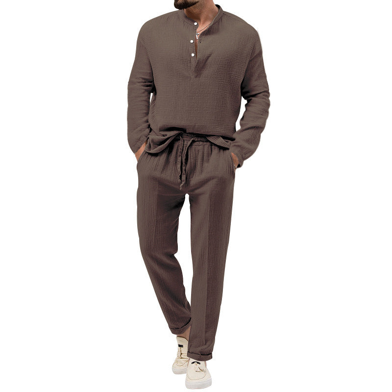 Men's Solid Color Casual Long Sleeve Shirt And Trousers Suit - Lootquake