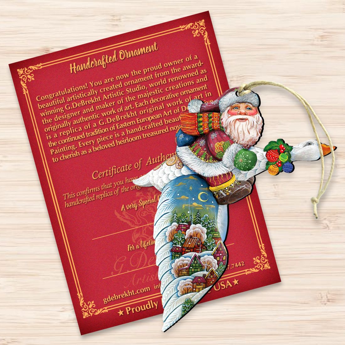 Adornos de madera de Papá Noel viajero de ganso de G. DeBrekht - Decoración navideña de muñeco de nieve de Papá Noel - 8114060