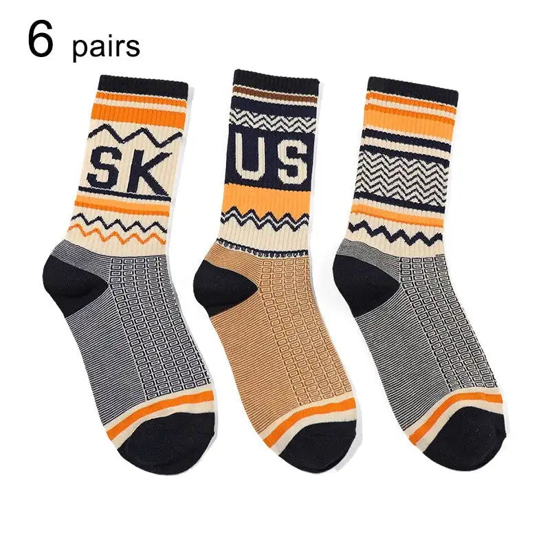Six Pairs Of Men's And Women's Fashionable Socks With Letter Patterns - Offering Fashion And Comfort For Daily Wear And Suitable For All Four Seasons. - Lootquake