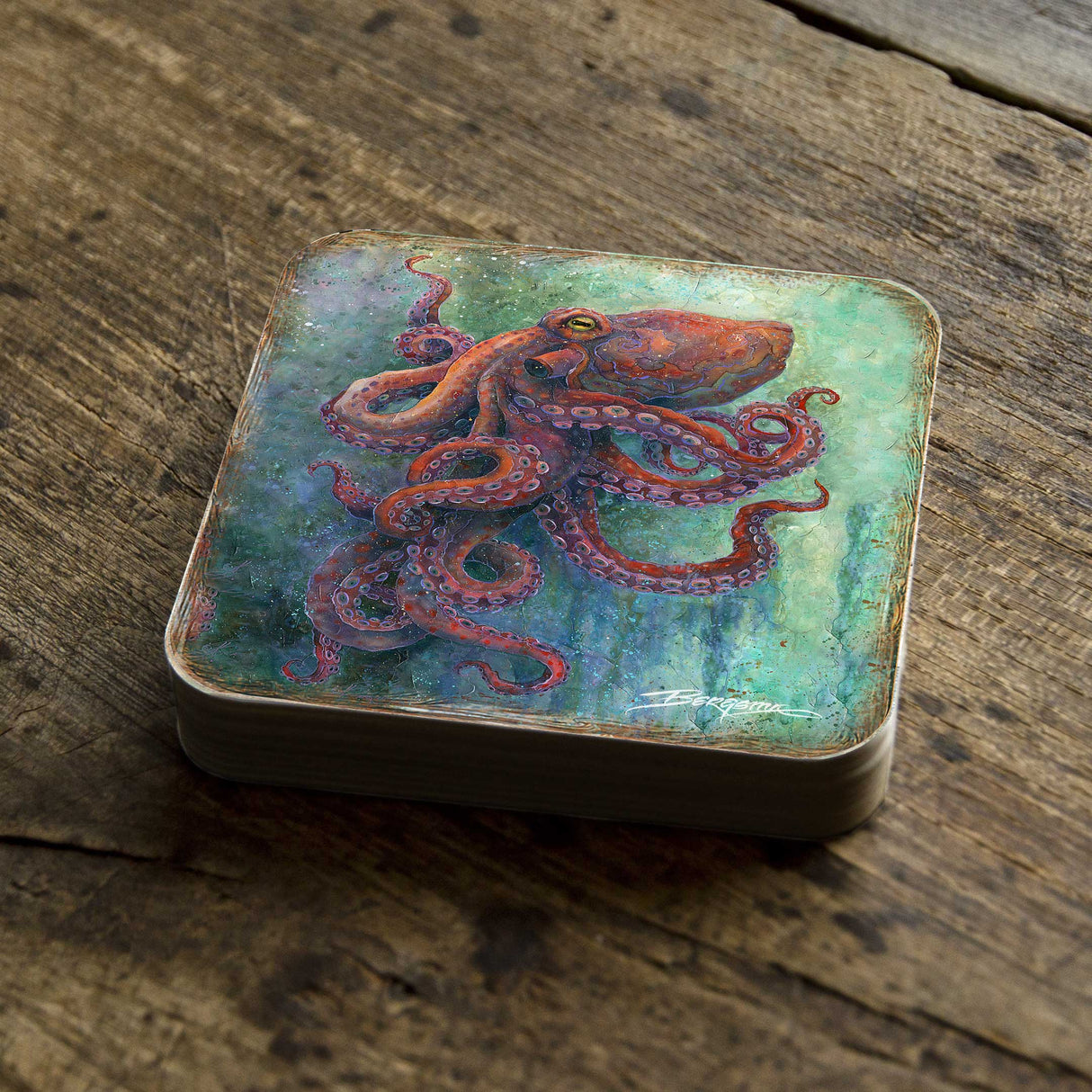 Octopus Wooden Cork Coasters Gift Set of 4 by J. Bergsma - Coastal Decor - 8199459C-S4