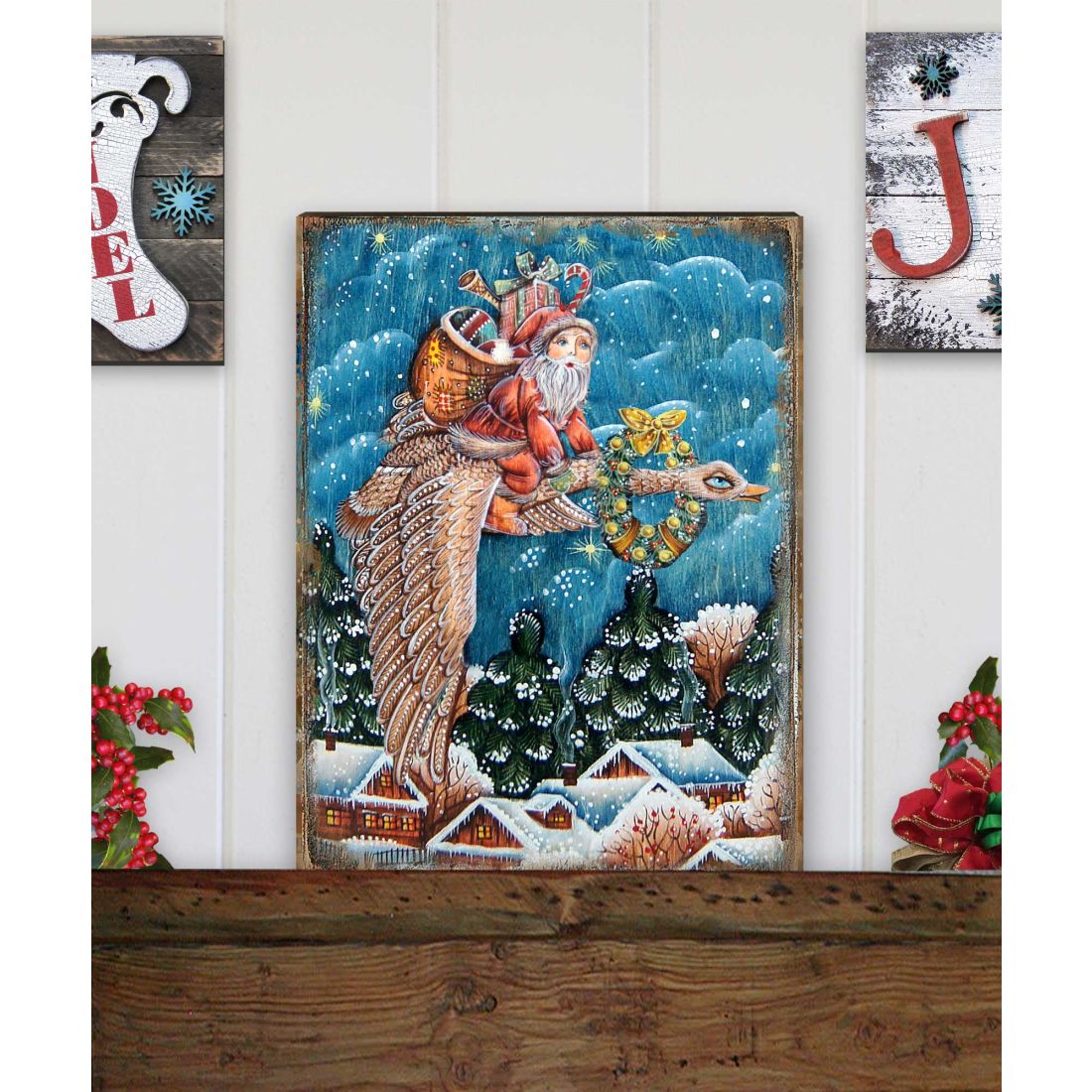 Christmas Goose Santa Wooden Wall Art by G. DeBrekht - Christmas Santa Snowman Decor - 81241130B