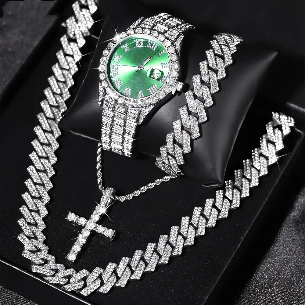 Diamond Luxury Steel Belt Quartz Watch Cuban Bracelet - Lootquake