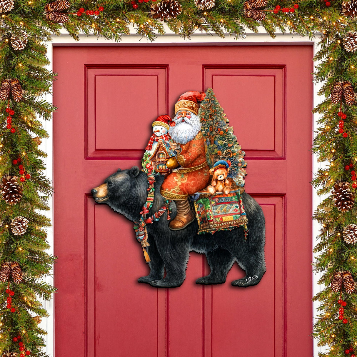 Decoración navideña para puerta con Papá Noel y su oso negro, de G. Debrekht - Decoración navideña con Papá Noel y muñeco de nieve - 8611064H