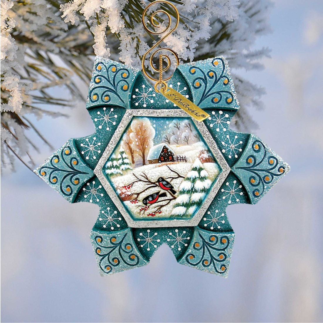 Adorno navideño de petirrojo nevado, esculpido y pintado a mano por G. DeBrekht - Decoración navideña con temática de vida silvestre - 6102170