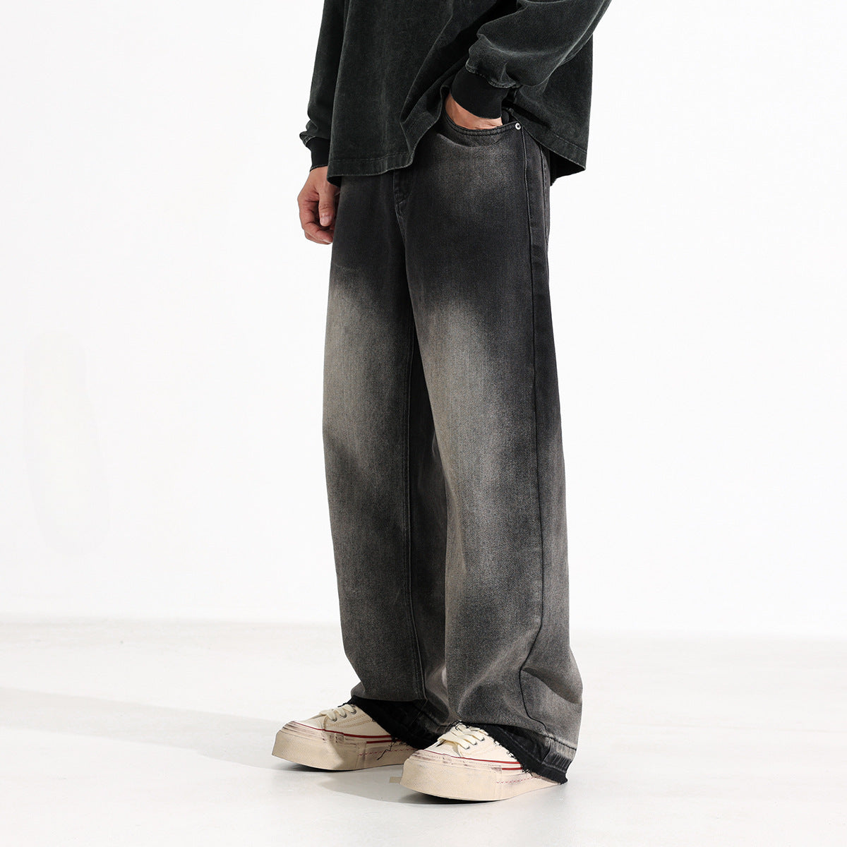 American-style Heavy Washed Black And Gray Straight Jeans Men's Loose Wide Leg Casual Trousers - Lootquake