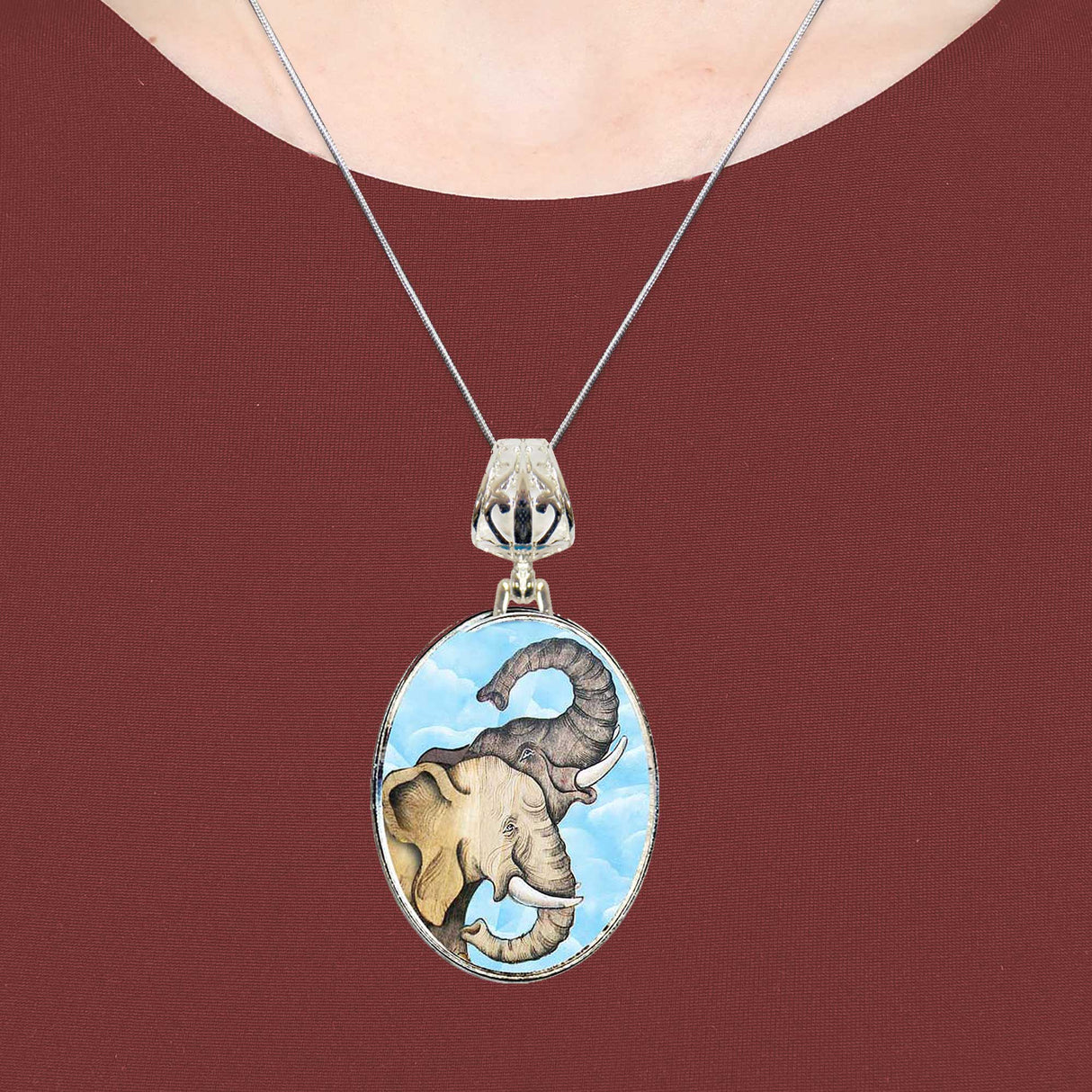 Elephant Trunks Silver Plated Mother of Pearl Jewelry Necklace - 44017